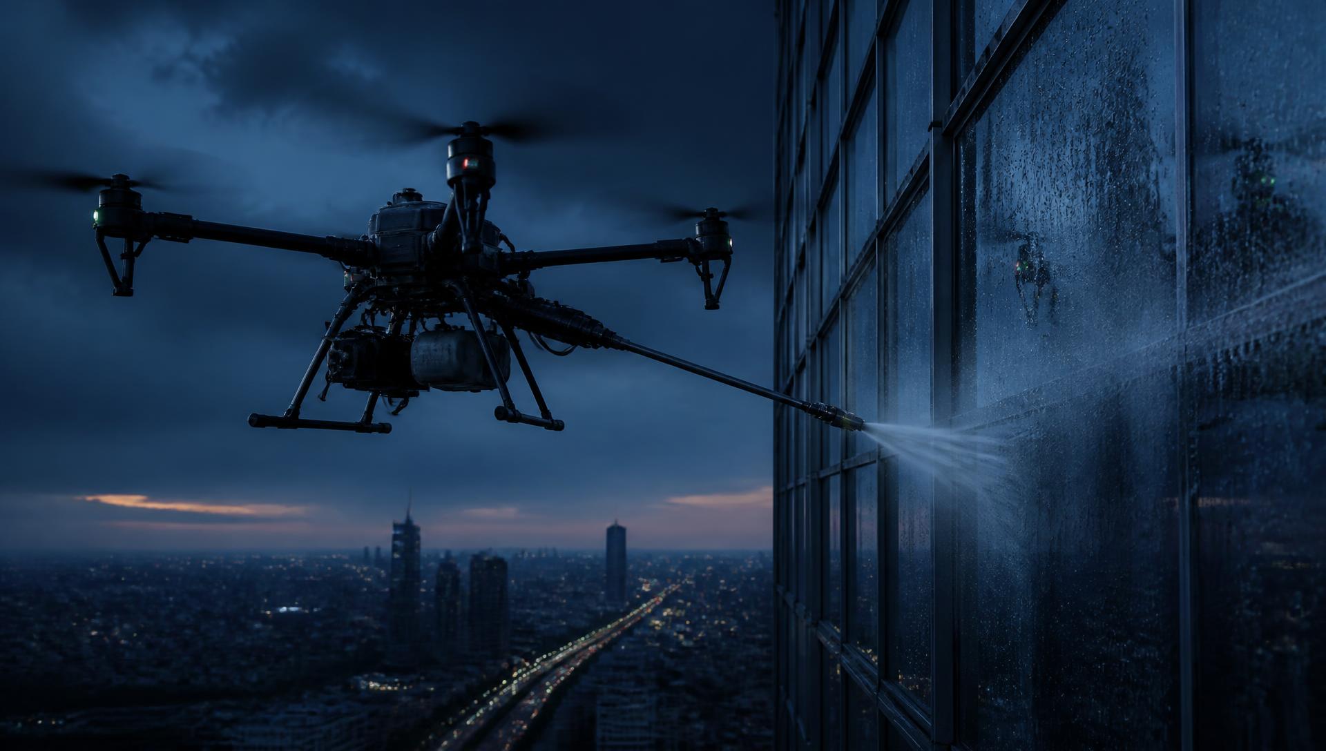 Drone industrial realizando limpeza de fachada de edifício ao entardecer